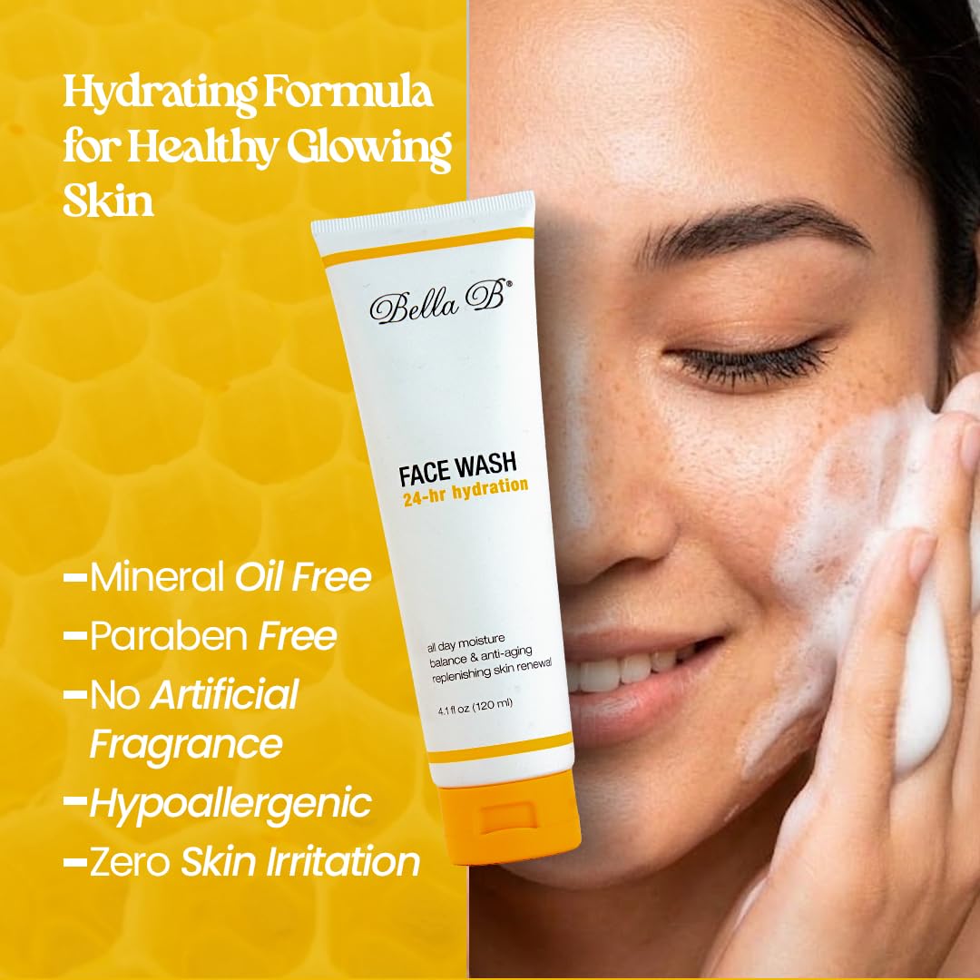Bella B face wash tube with a woman applying it, on a yellow background with product features listed.
