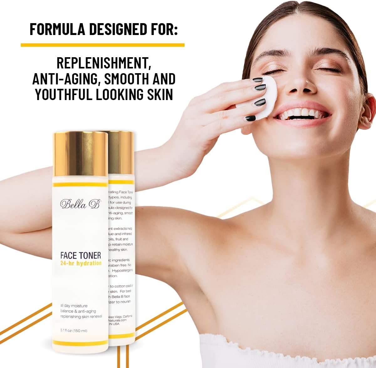 Woman applying face toner with Bella B product on a white background