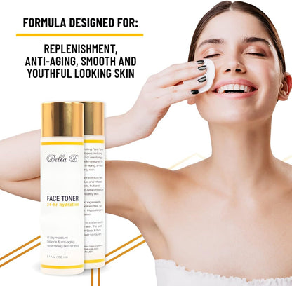 Woman applying face toner with Bella B product on a white background