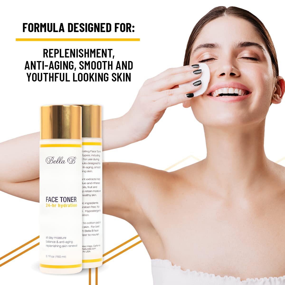Woman applying face toner with Bella B products 