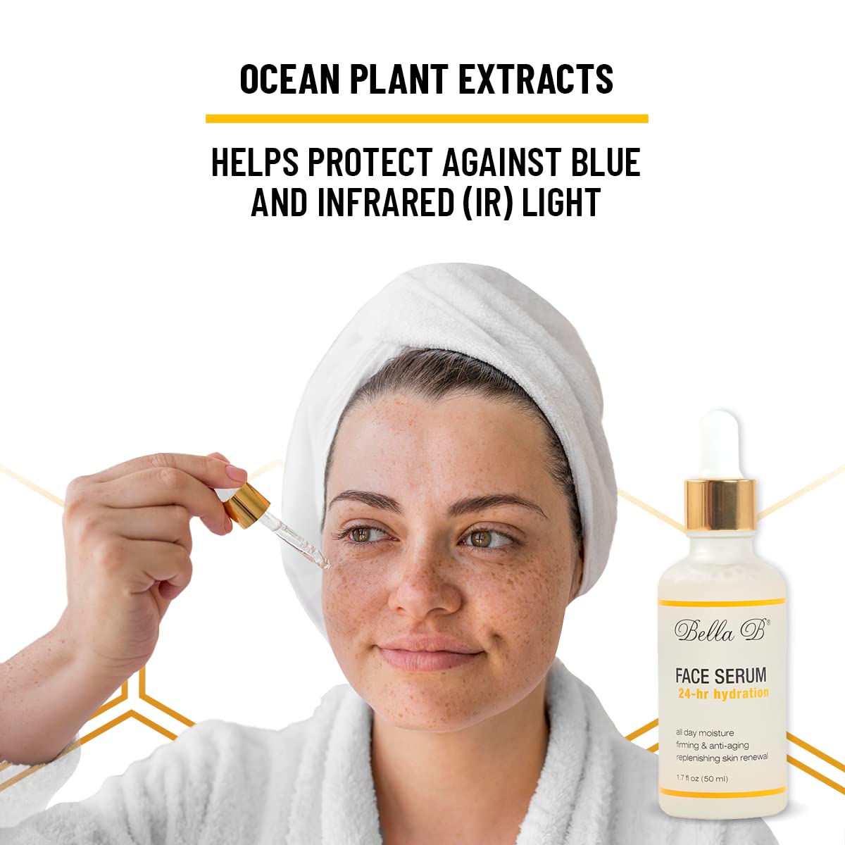 Woman applying face serum with ocean plant extracts