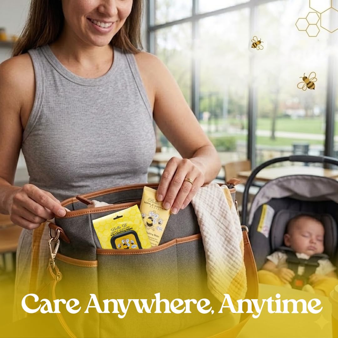 Woman holding a bag with baby items, including a car seat, with text 'Care Anywhere, Anytime' in a bright indoor setting.