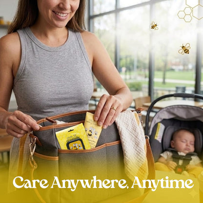 Woman holding a bag with baby items, including a car seat, with text 'Care Anywhere, Anytime' in a bright indoor setting.