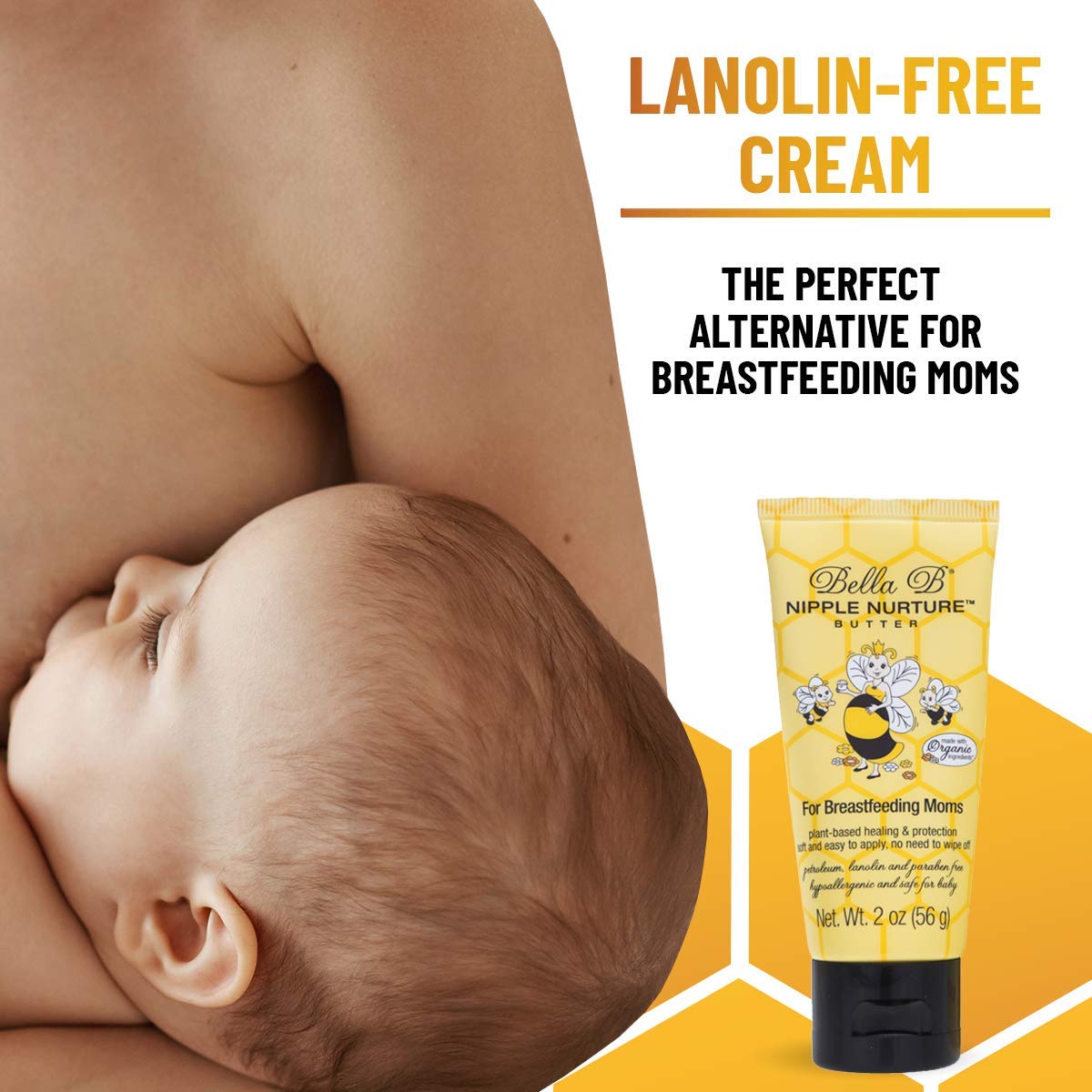 Baby being held by a mother with a tube of Bella B Nipple Nurture cream