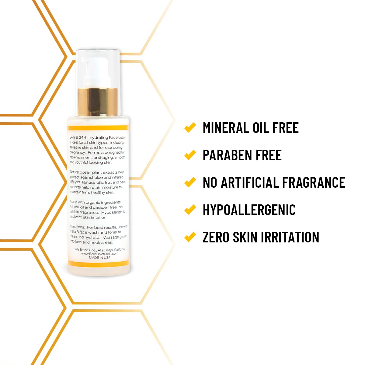 Skincare bottle with hexagonal pattern and product benefits listed 