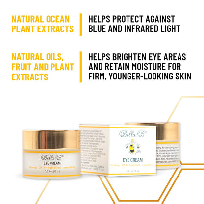 Bella B Eye Cream with text highlighting benefits on a white background