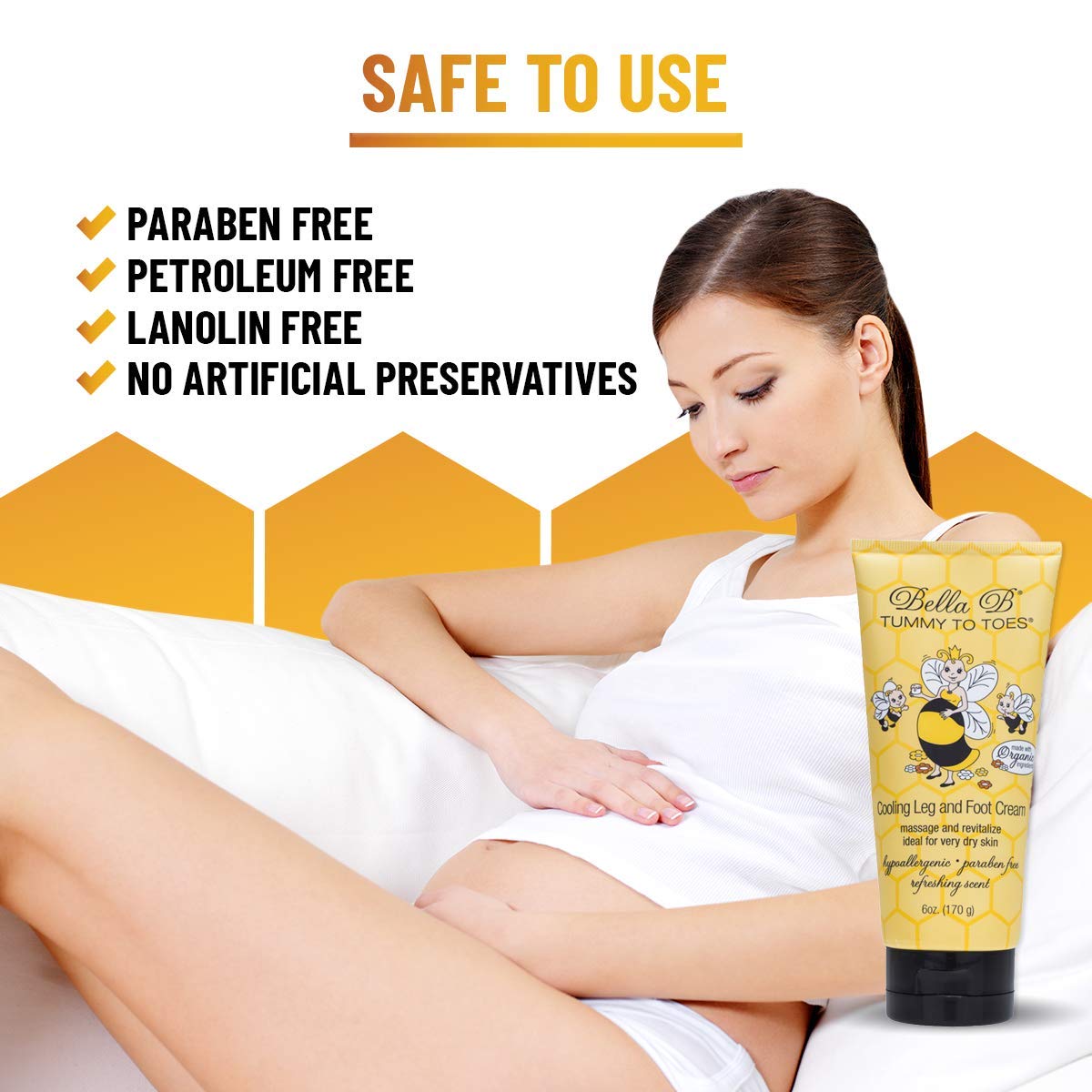 Woman applying leg cream with product packaging, safe to use text, and ingredient claims.