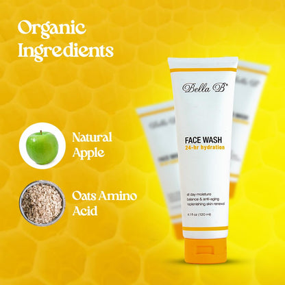 Bella B face wash tube with natural ingredients on a yellow background