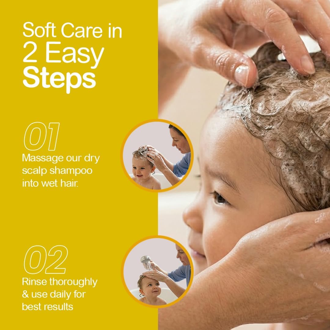 Advertisement for a scalp care product with instructions and a child being shampooed.