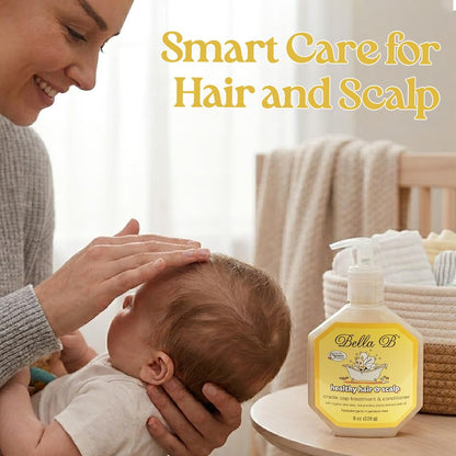 Woman holding a baby with a bottle of Bella D shampoo on a table, text 'Smart Care for Hair and Scalp' above.