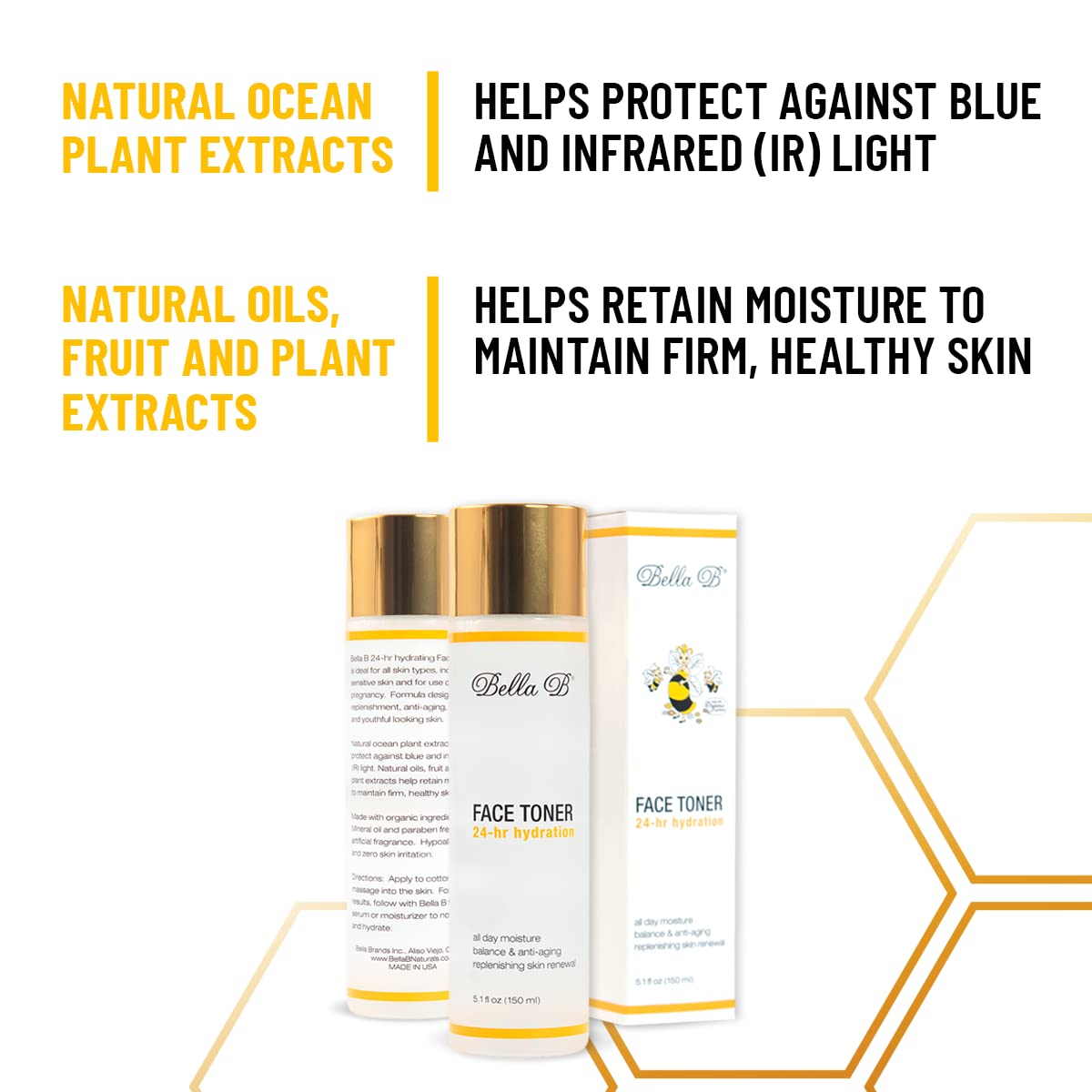 Bella B face toner with natural ocean plant extracts and benefits listed 