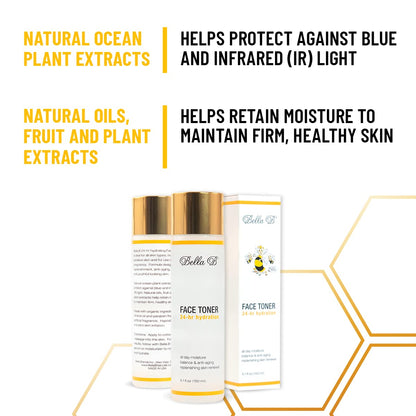 Bella B face toner with natural ocean plant extracts and benefits listed 
