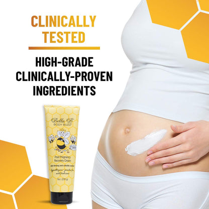 Pregnant woman applying cream to her belly with a tube of Bella B Body Buzz cream 