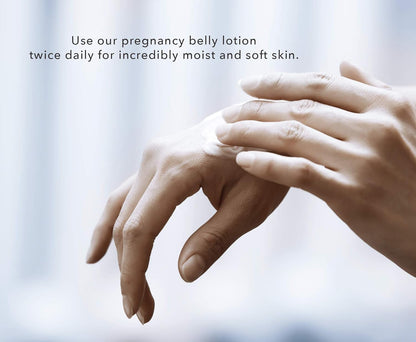 Close-up of hands with text promoting pregnancy belly lotion.