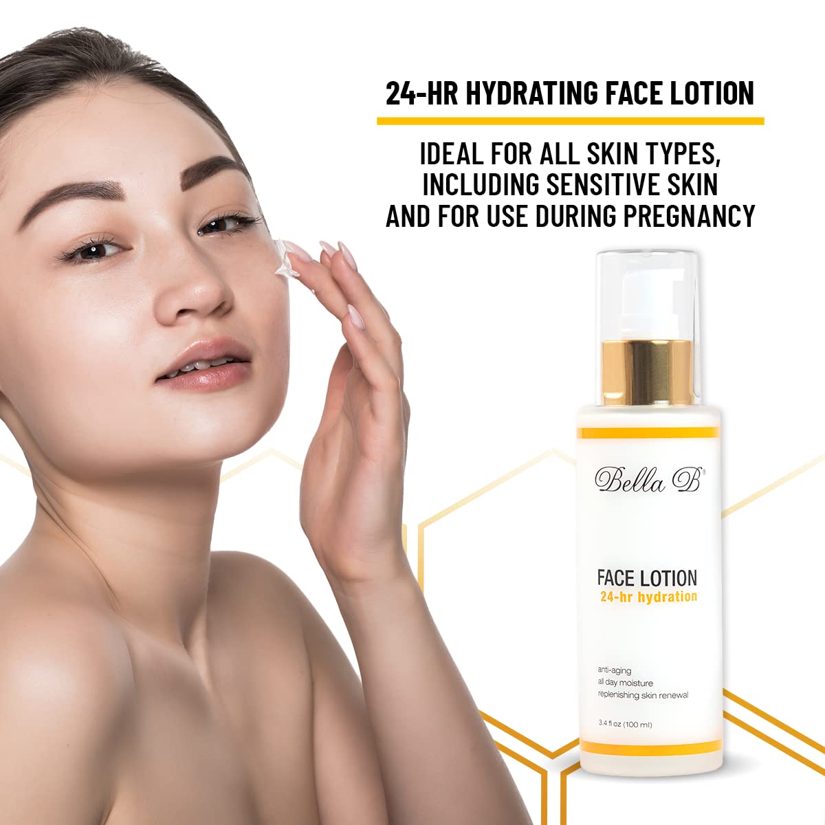 Woman applying face lotion with Bella B face lotion bottle on a white background
