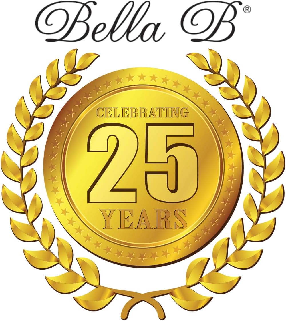 Gold emblem celebrating 25 years with 'Bella B' logo at the top.