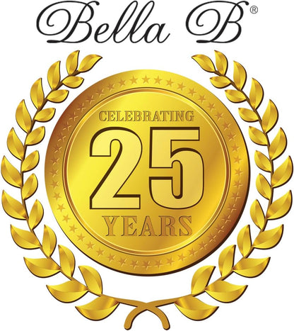 Gold emblem celebrating 25 years with 'Bella B' logo at the top.