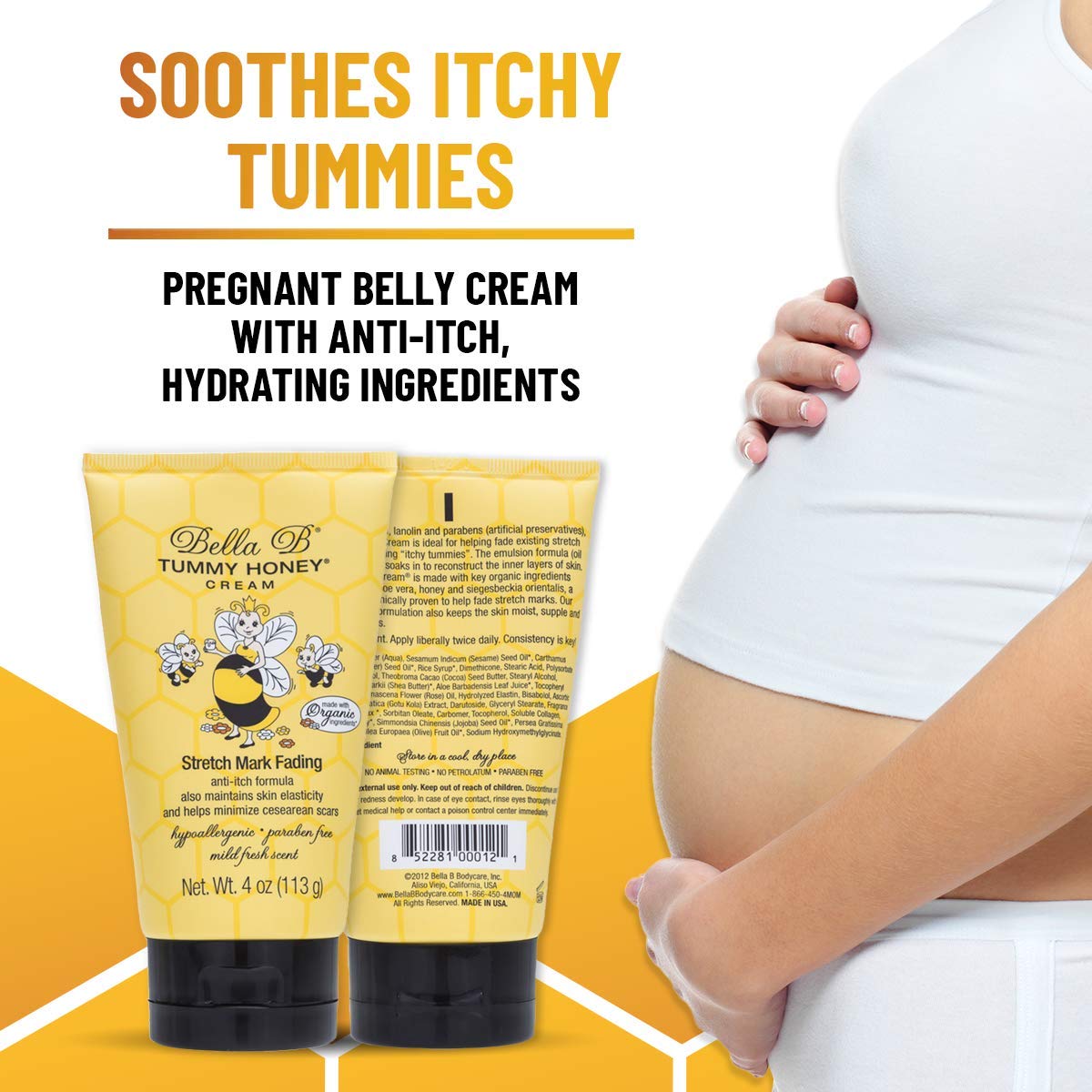 Bella B Tummy Honey Cream packaging with a pregnant woman holding her belly 