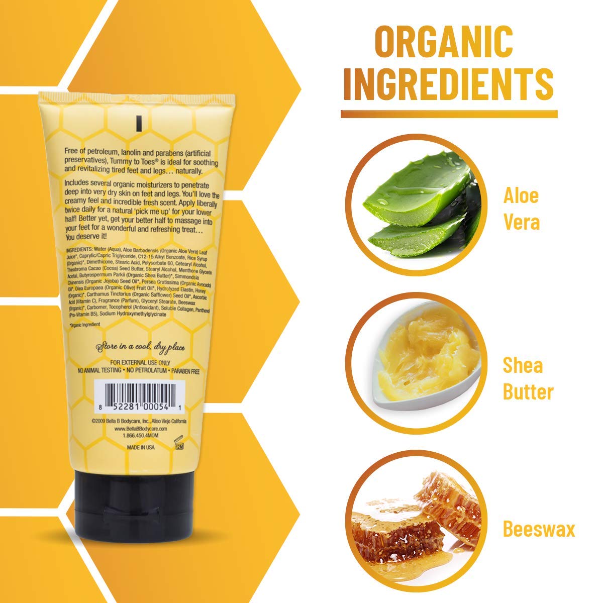 Tube of cream with organic ingredients like aloe vera, shea butter, and beeswax 
