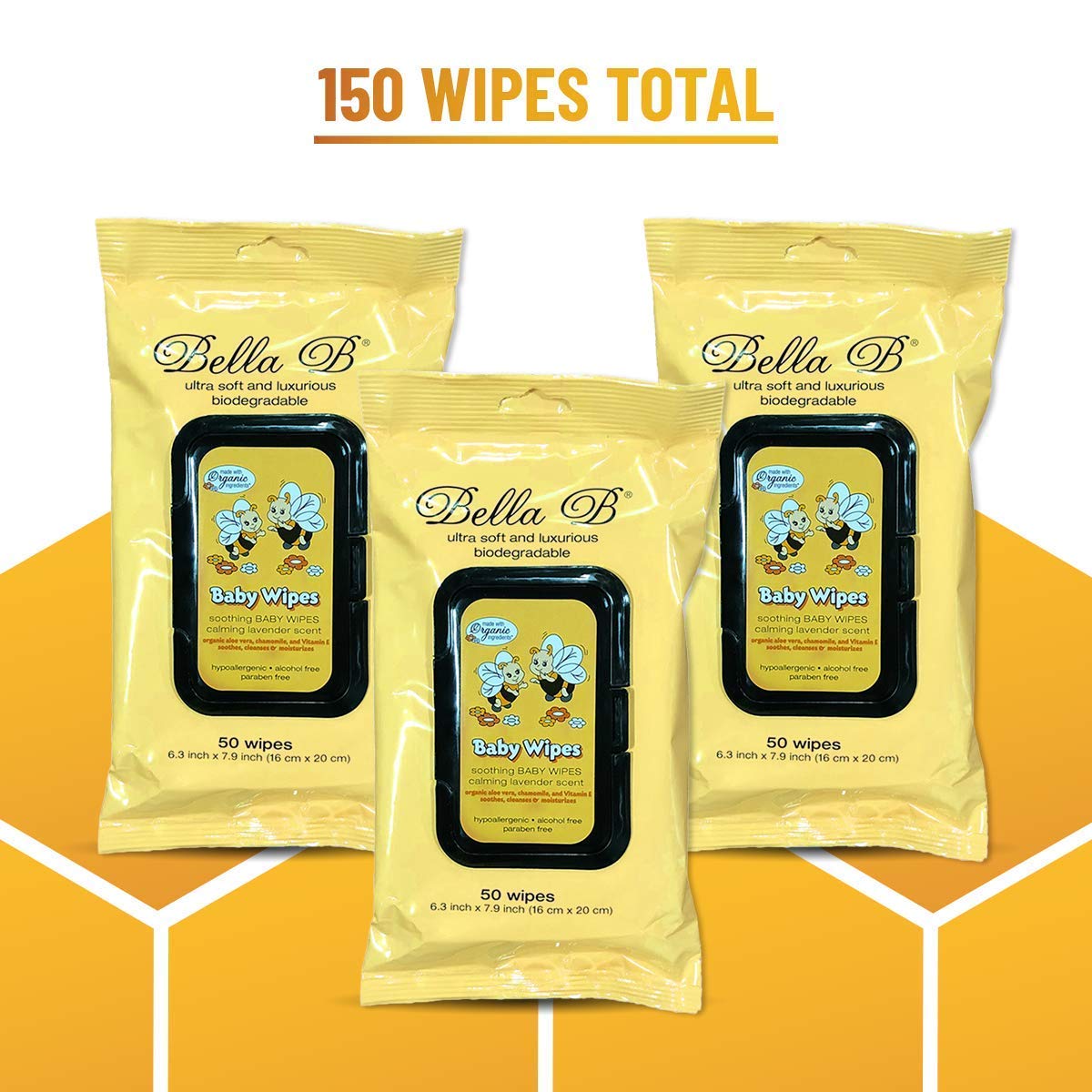 Three packages of Bella B baby wipes on a yellow and white background with text indicating 150 wipes total.