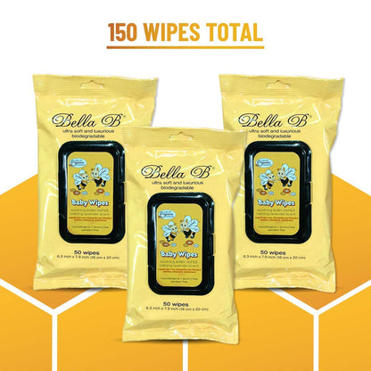 Three packages of Bella B baby wipes on a yellow and white background with text indicating 150 wipes total.
