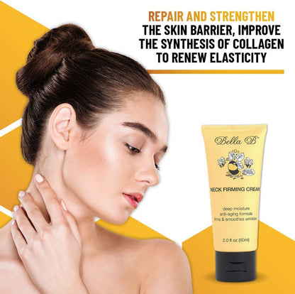 Woman applying neck firming cream with product packaging 