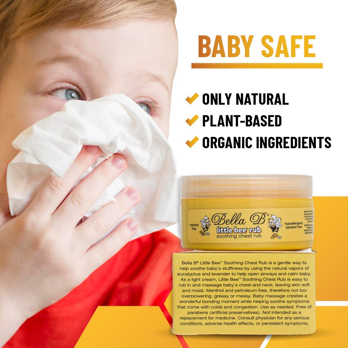 Child using a tissue with Bella B product packaging and text about natural and organic ingredients.