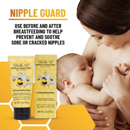 Woman breastfeeding a baby with Bubba B Nipple Guard products displayed.