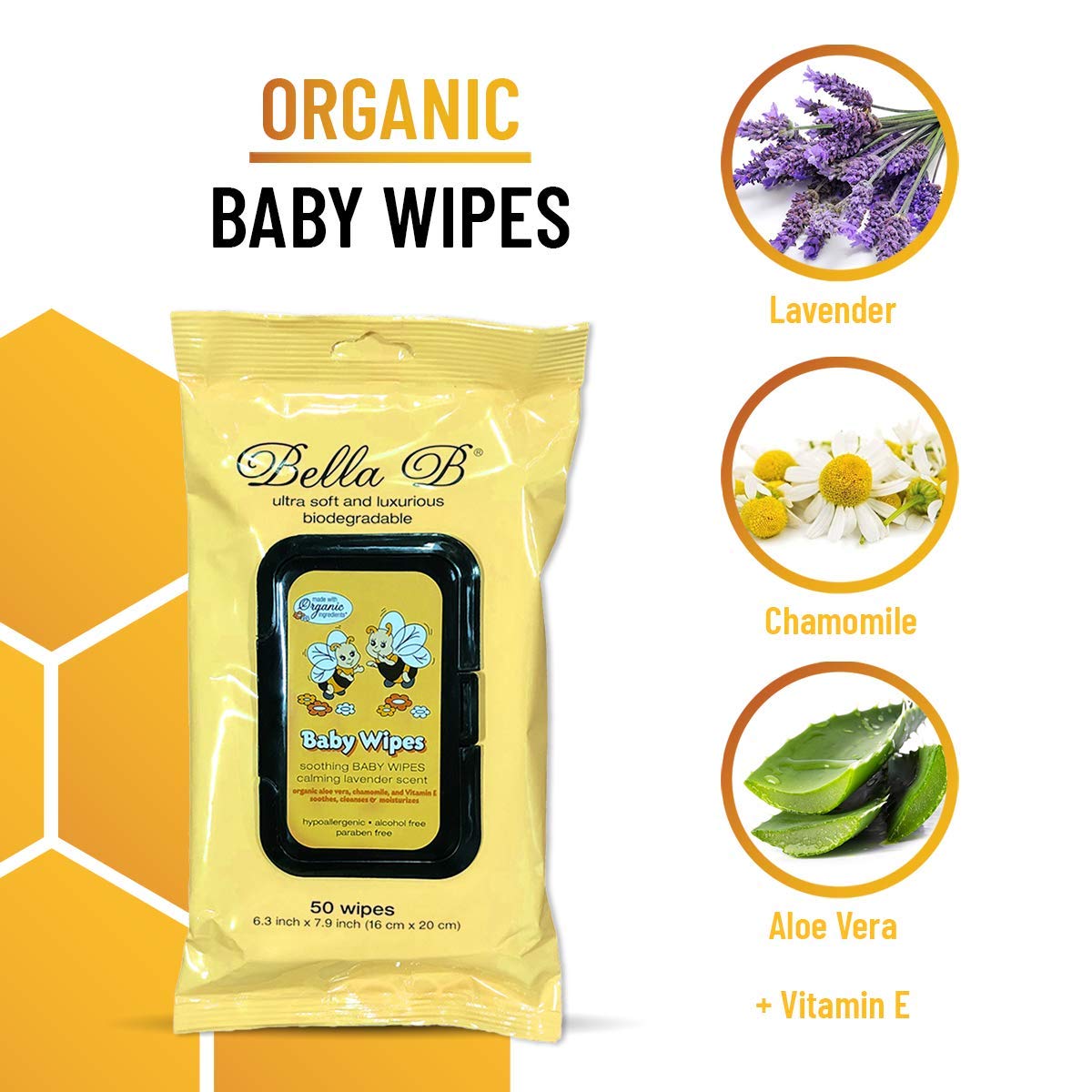Pack of Bella B organic baby wipes with lavender, chamomile, aloe vera, and vitamin E 