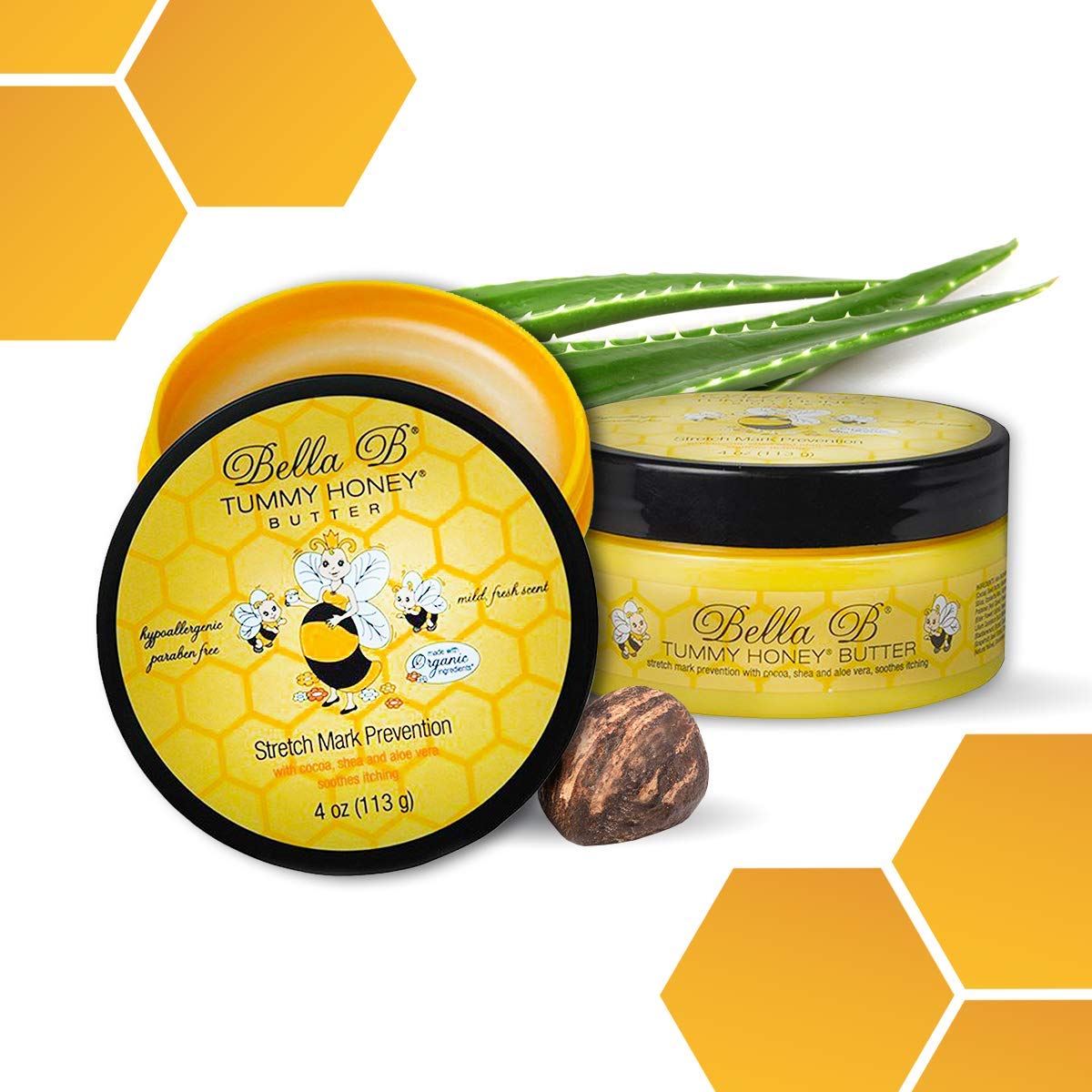 Two jars of Bella B Tummy Honey Butter with aloe vera leaves 