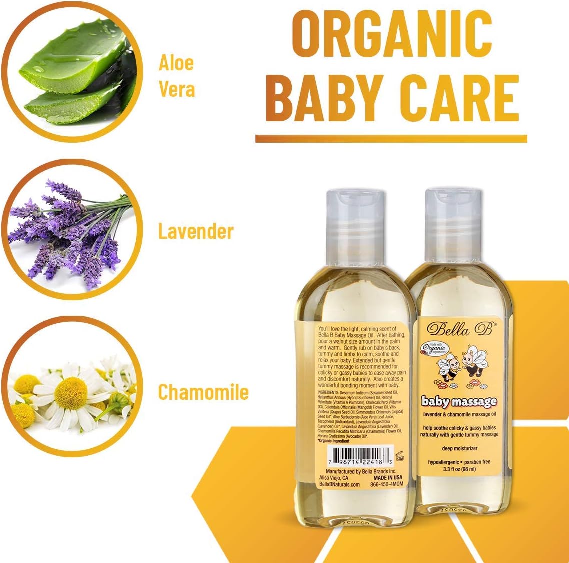Two bottles of Bella D baby massage oil with aloe vera, lavender, and chamomile 