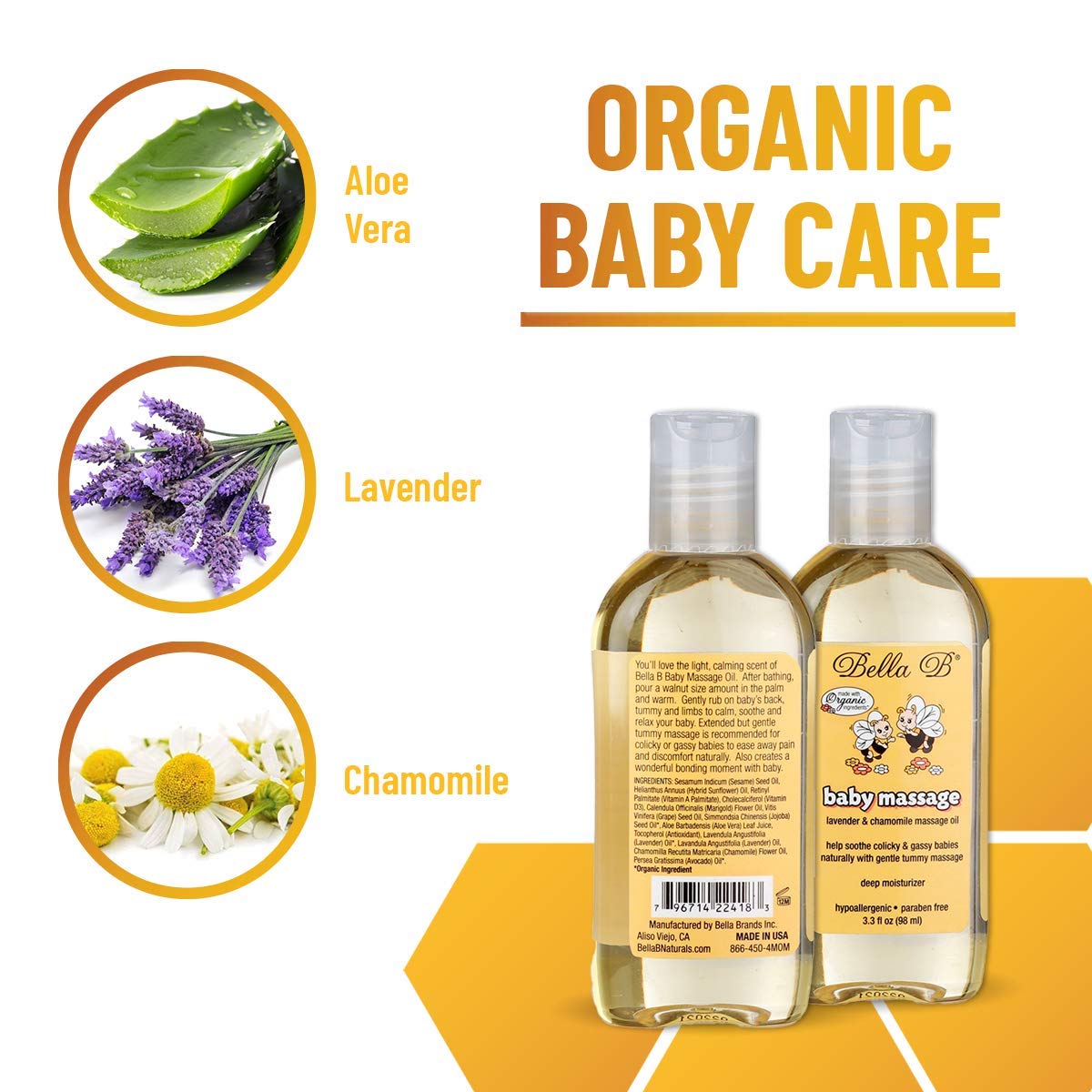 Two bottles of organic baby care product with aloe vera, lavender, and chamomile illustrations 