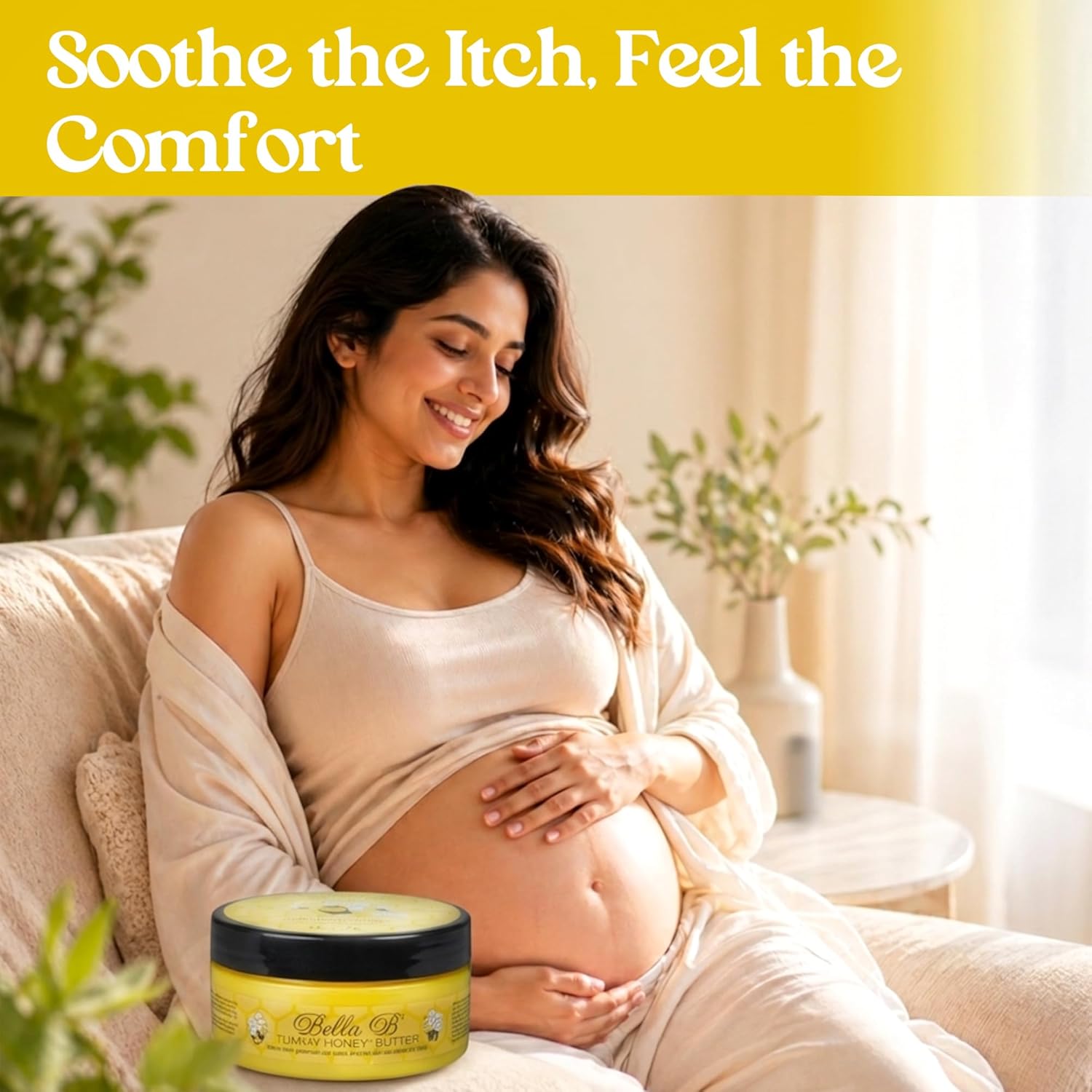 Pregnant woman holding belly with a container of Bella B cream, text 'Soothe the Itch. Feel the Comfort' on yellow background.