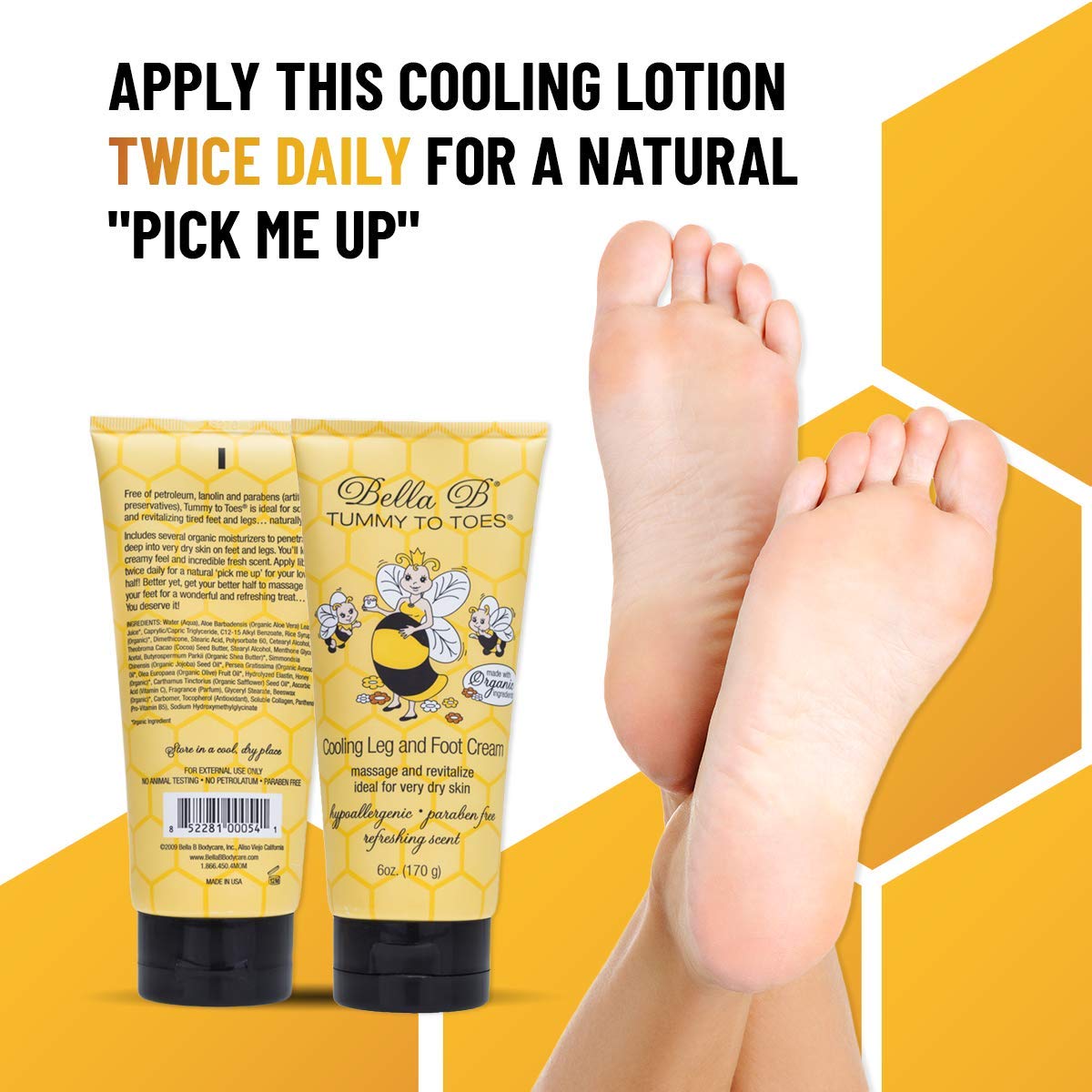 Bella B Tummy and Toes cooling lotion with a foot 