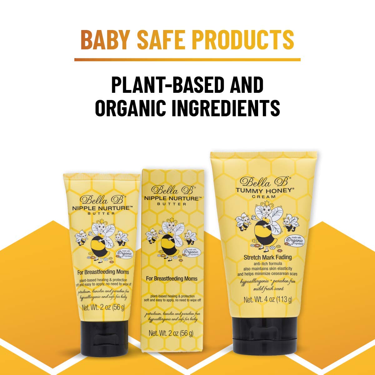 Three baby care products with bee illustrations on a yellow background, labeled 'Baby Safe Products' and 'Plant-Based and Organic Ingredients'.