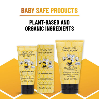 Three baby care products with bee illustrations on a yellow background, labeled 'Baby Safe Products' and 'Plant-Based and Organic Ingredients'.