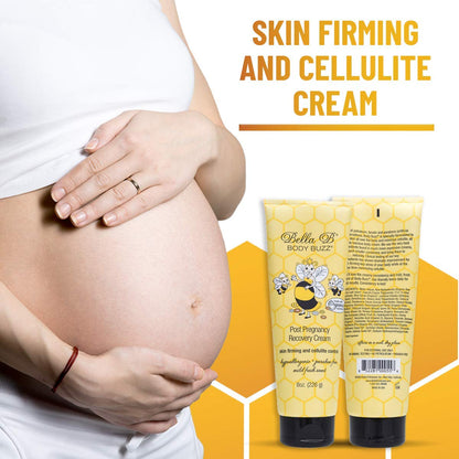 Pregnant woman holding her belly with a tube of Bella B Body Buzz Skin Firming and Cellulite Cream
