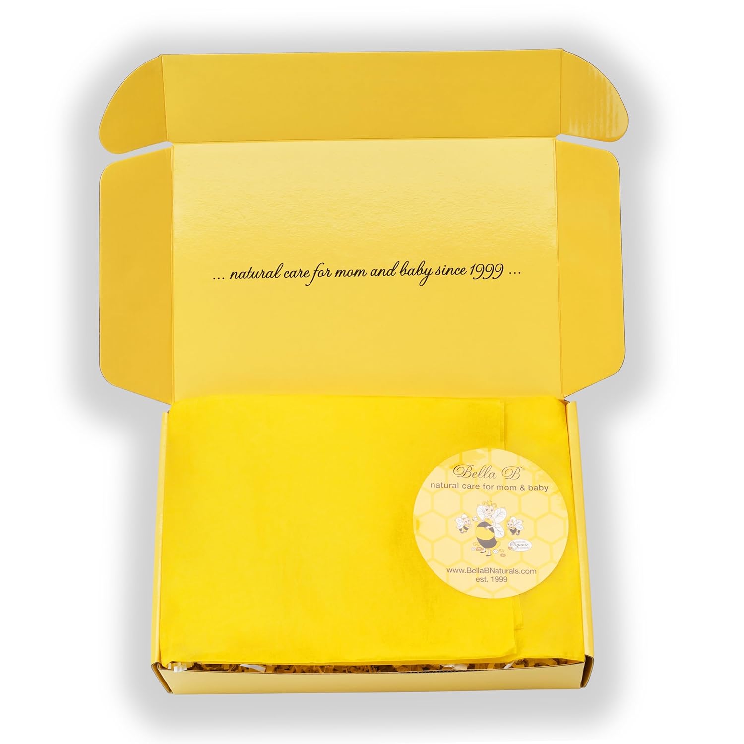 Yellow box with text and a logo 