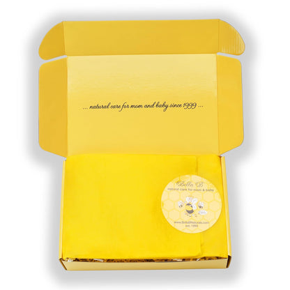 Yellow box with text and a logo 