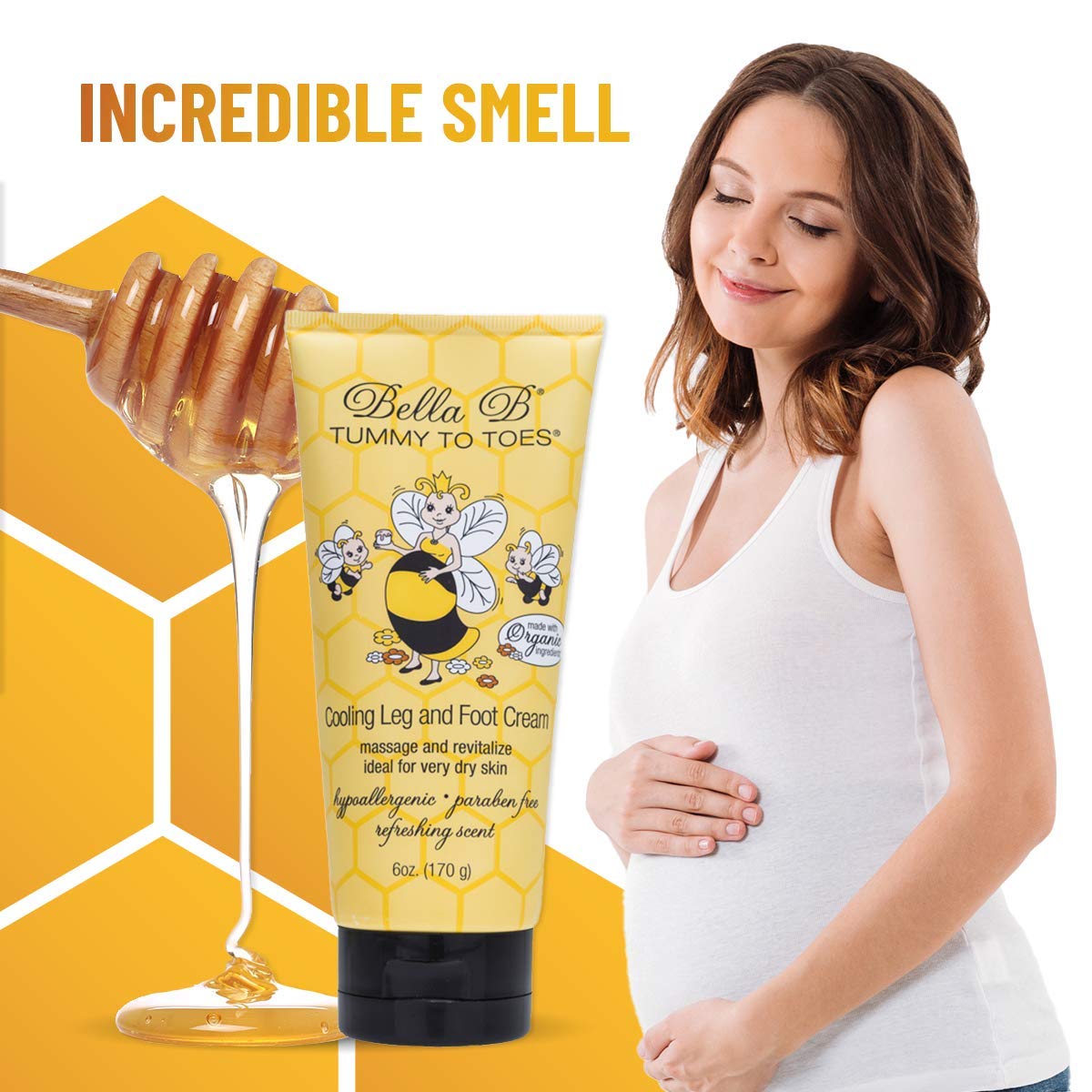 Bella B Tummy to Toes cooling leg and foot cream with a honey dipper and a woman holding her belly 