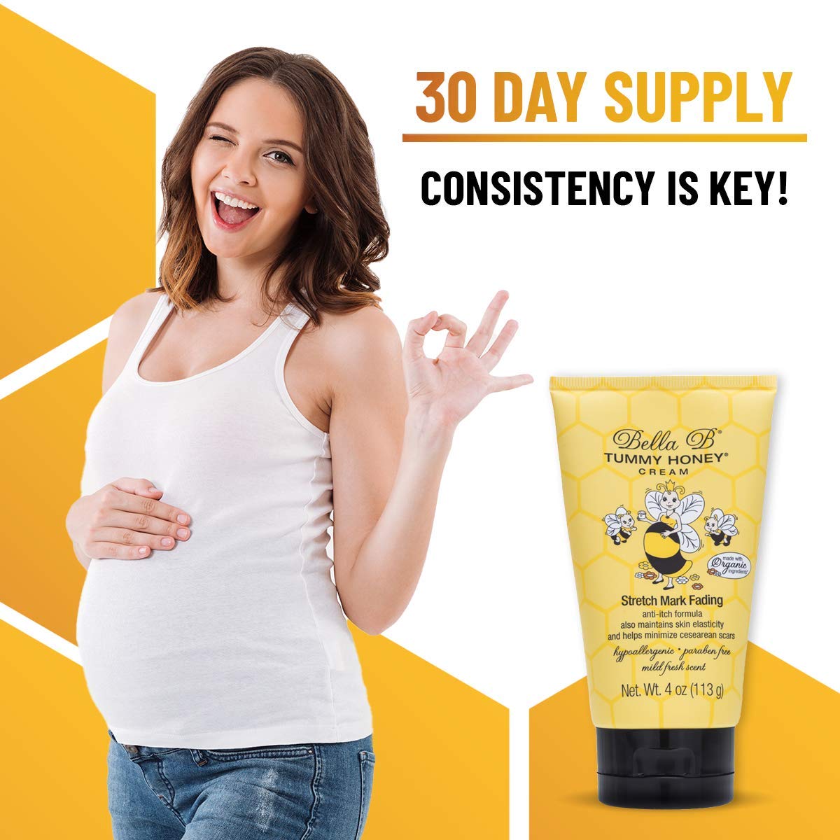Woman with a 30-day supply of Bella B Tummy Honey Cream 