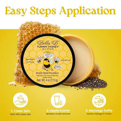 Bella B Tummy Honey Butter with honeycomb and seeds on a yellow background