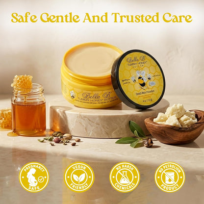 Bella B honey products on a marble surface with 'Safe Gentle And Trusted Care' text and product safety icons.