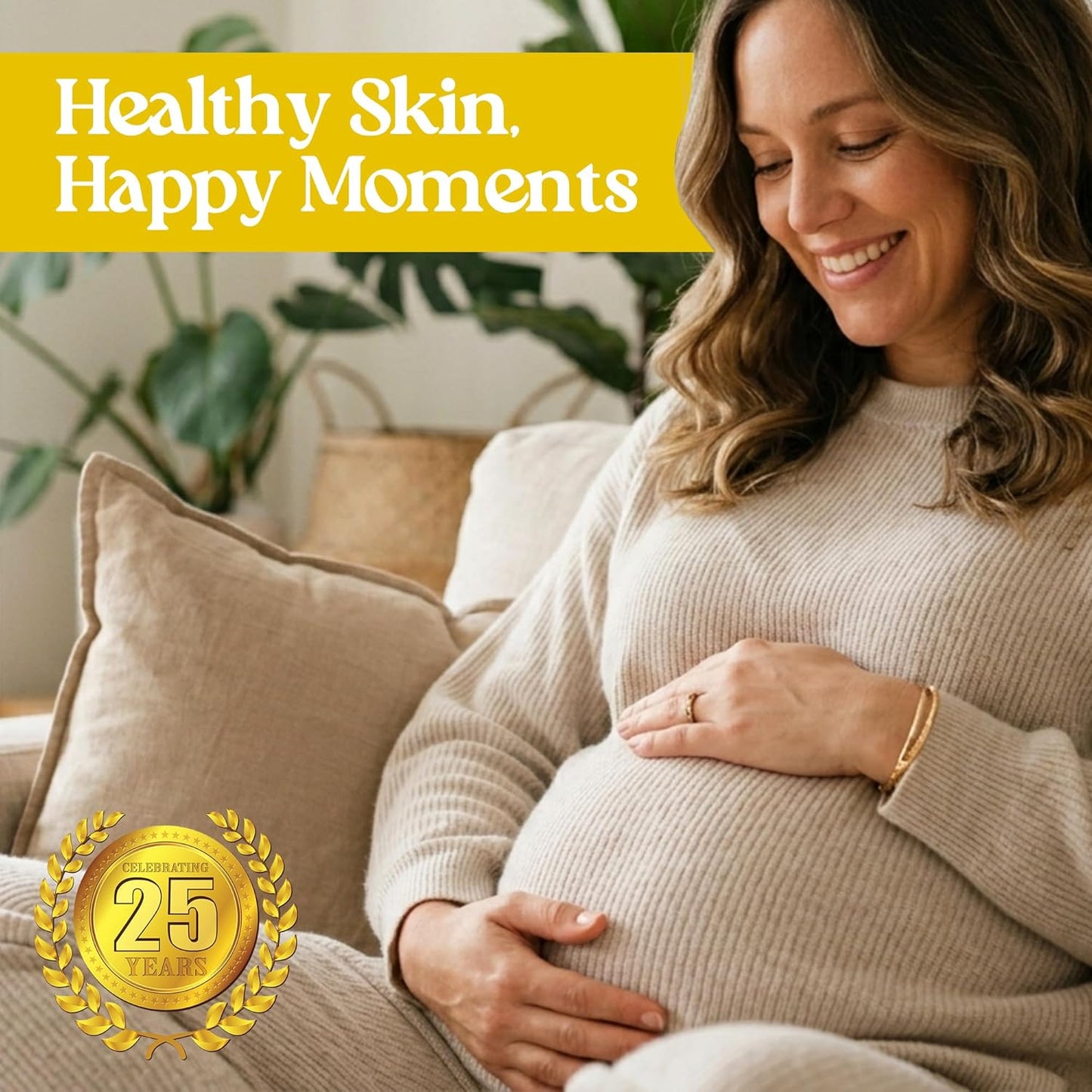 Pregnant woman smiling and holding her belly with a 'Healthy Skin, Happy Moments' text overlay.