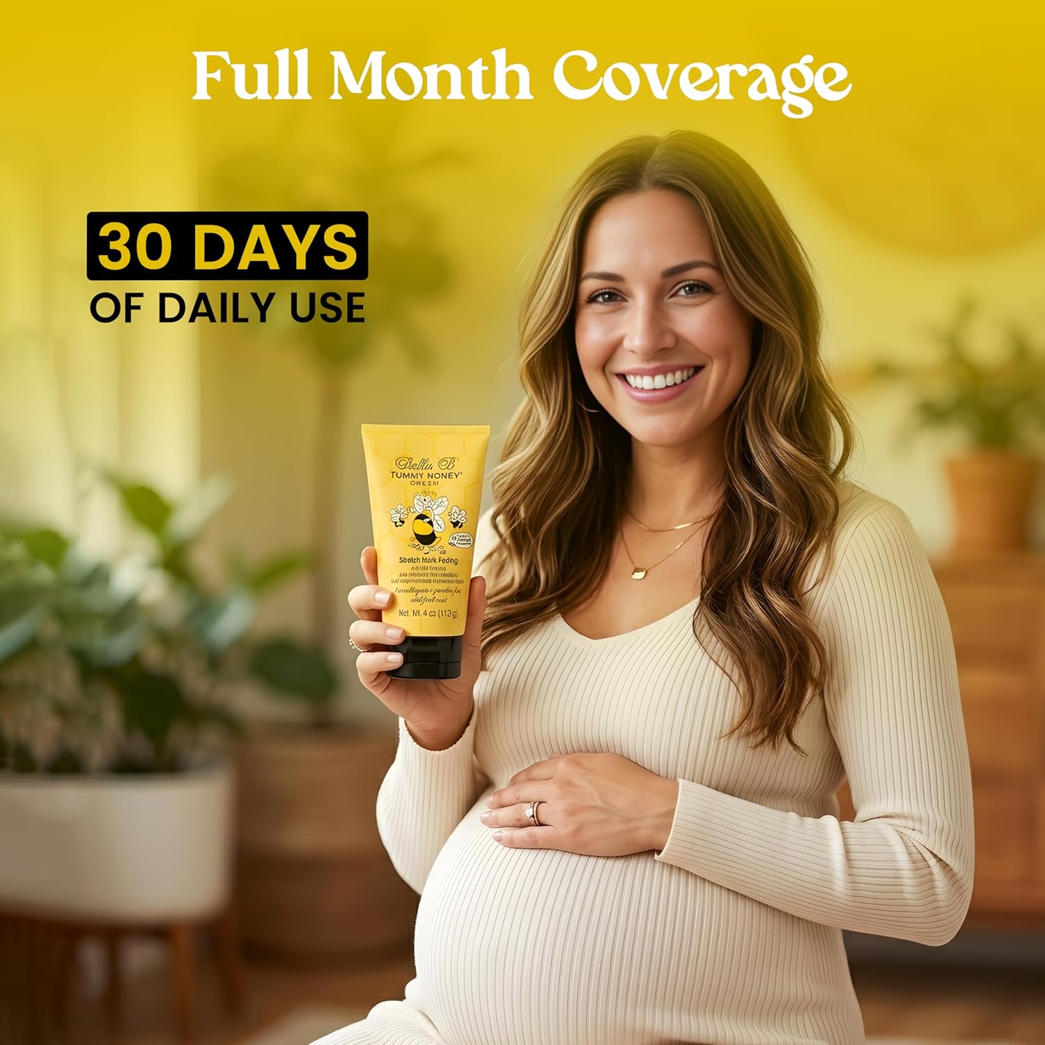 Pregnant woman holding a skincare product with text about full month coverage and 30 days of daily use.