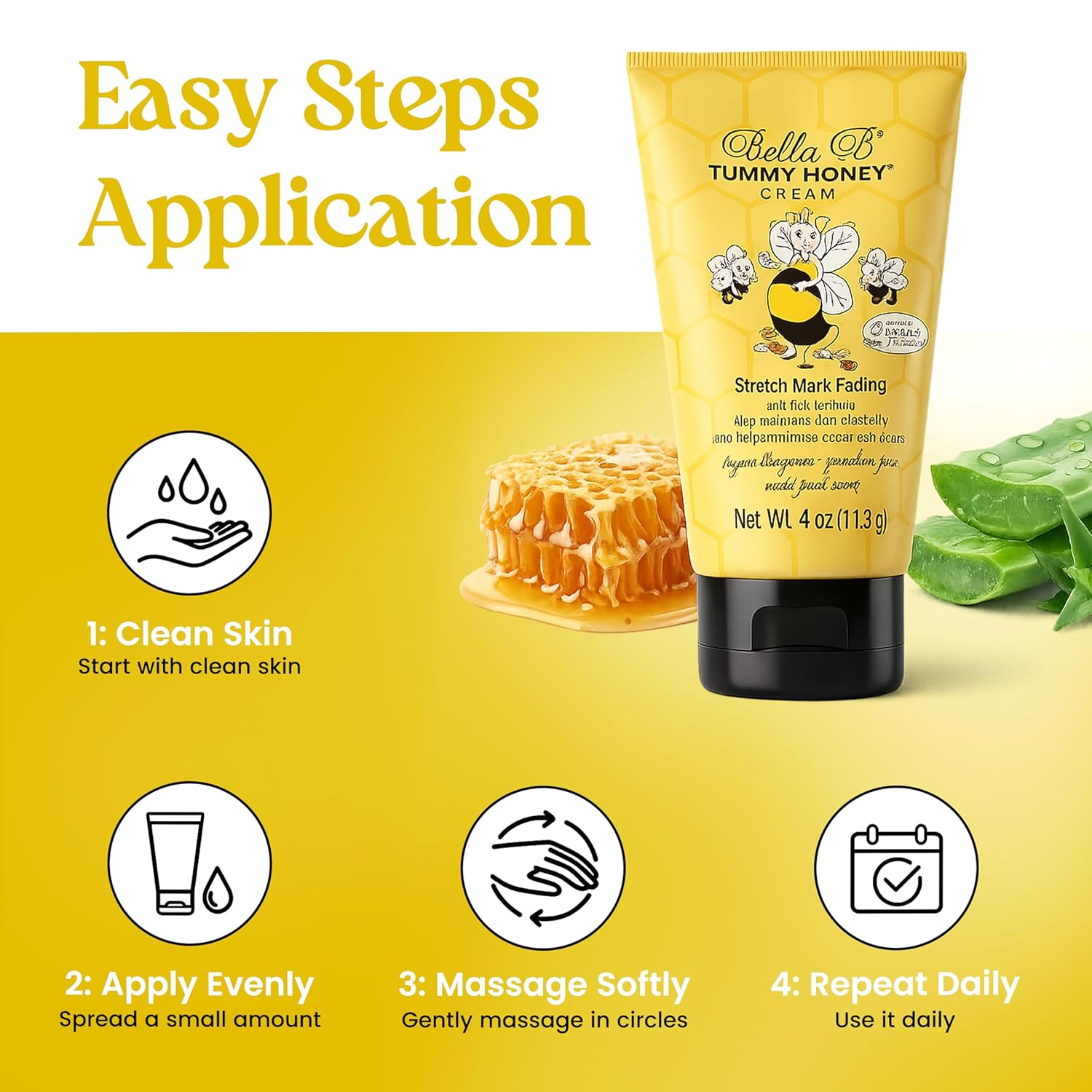 Bella B Tummy Honey Cream with application steps 