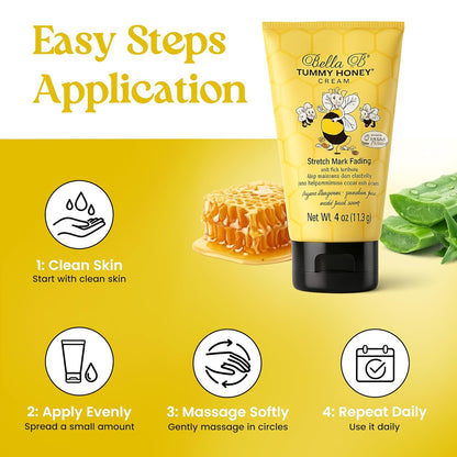 Bella B Tummy Honey Cream with application steps 