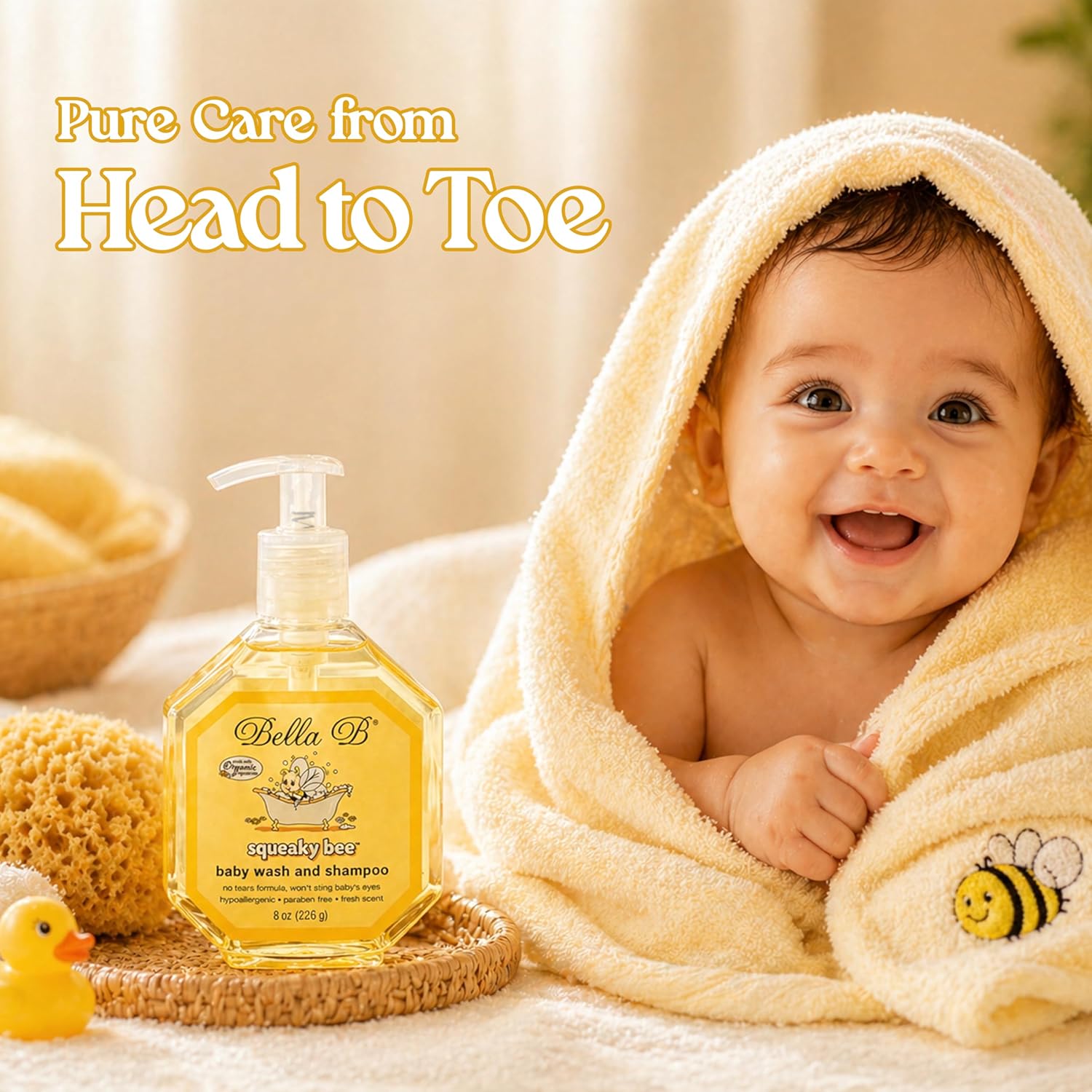 Baby wrapped in a towel with a bottle of Bella D baby wash and shampoo, surrounded by bath items.