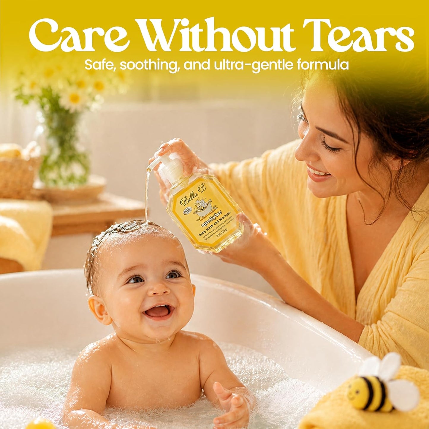 Woman bathing a baby with 'Care Without Tears' product in a warm, home setting.