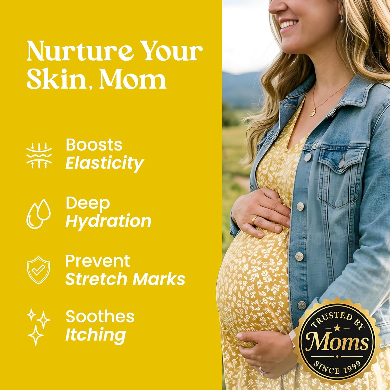 Pregnant woman in a yellow dress with a denim jacket, surrounded by text about skincare benefits on a yellow background.